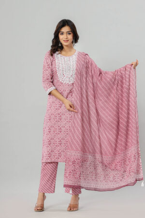 Jaipuri Printed Onion Color-Embroidered Work Kurta Pant Duptta with Pocket | Rs 4250 for Pack of 5pc of S-XXL | Rs 850 Per Pc