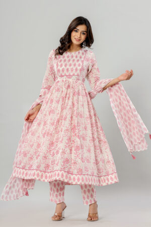 Pink Pure Cotton Anarkali Kurta Pant Dupatta with Pocket | Rs 3980 for Pack of 5pc of S-XL | Rs 995 Per Pc