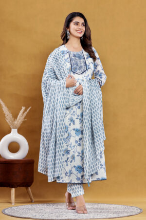 Anarkali Women's Blue Beautiful Embroidered Cotton Kurta Pant Dupatta with Pocket | Rs 3980 for Pack of 4pc of S-XL | Rs 995 Per Pc
