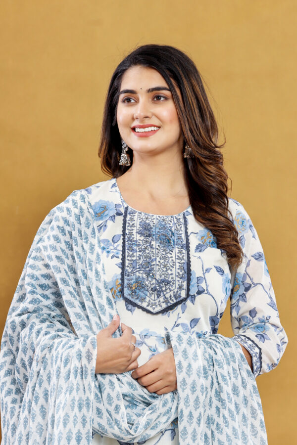 Anarkali Women's Blue Beautiful Embroidered Cotton Kurta Pant Dupatta with Pocket | Rs 3980 for Pack of 4pc of S-XL | Rs 995 Per Pc - Image 2