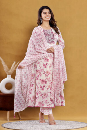 Jaipuri Printed Anarkali Pure Cotton Kurta Pant Dupatta with Pocket | Rs 3980 for Pack of 4pc of S-XL | Rs 995 Per Pc